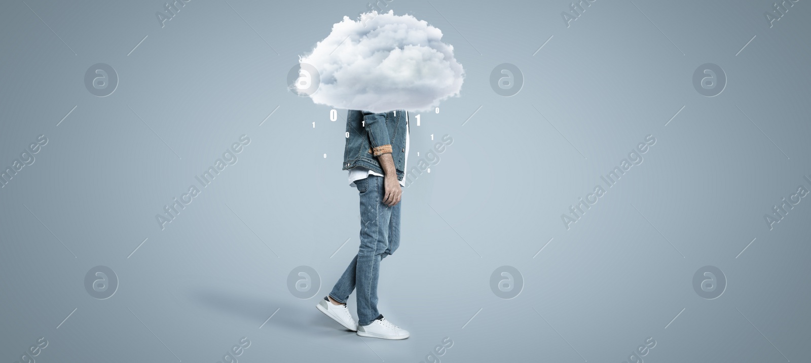 Image of Man with cloud on his head against grey background. Modern storage technology concept