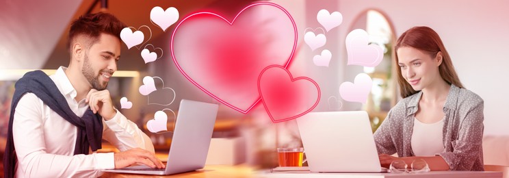 Image of Man and woman chatting on dating site via laptops, banner design. Many hearts between them