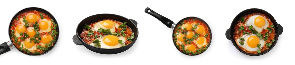 Image of Delicious shakshuka in frying pans isolated on white, set