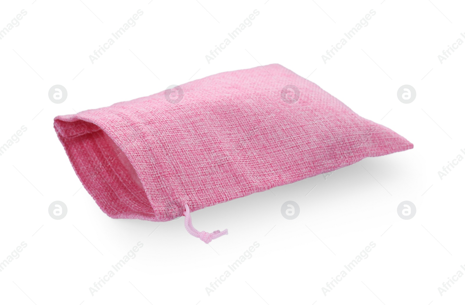 Photo of One pink burlap bag isolated on white