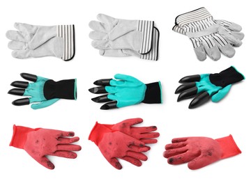 Image of Different gardening gloves isolated on white, set