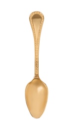 Photo of Stylish clean gold spoon on white background, top view