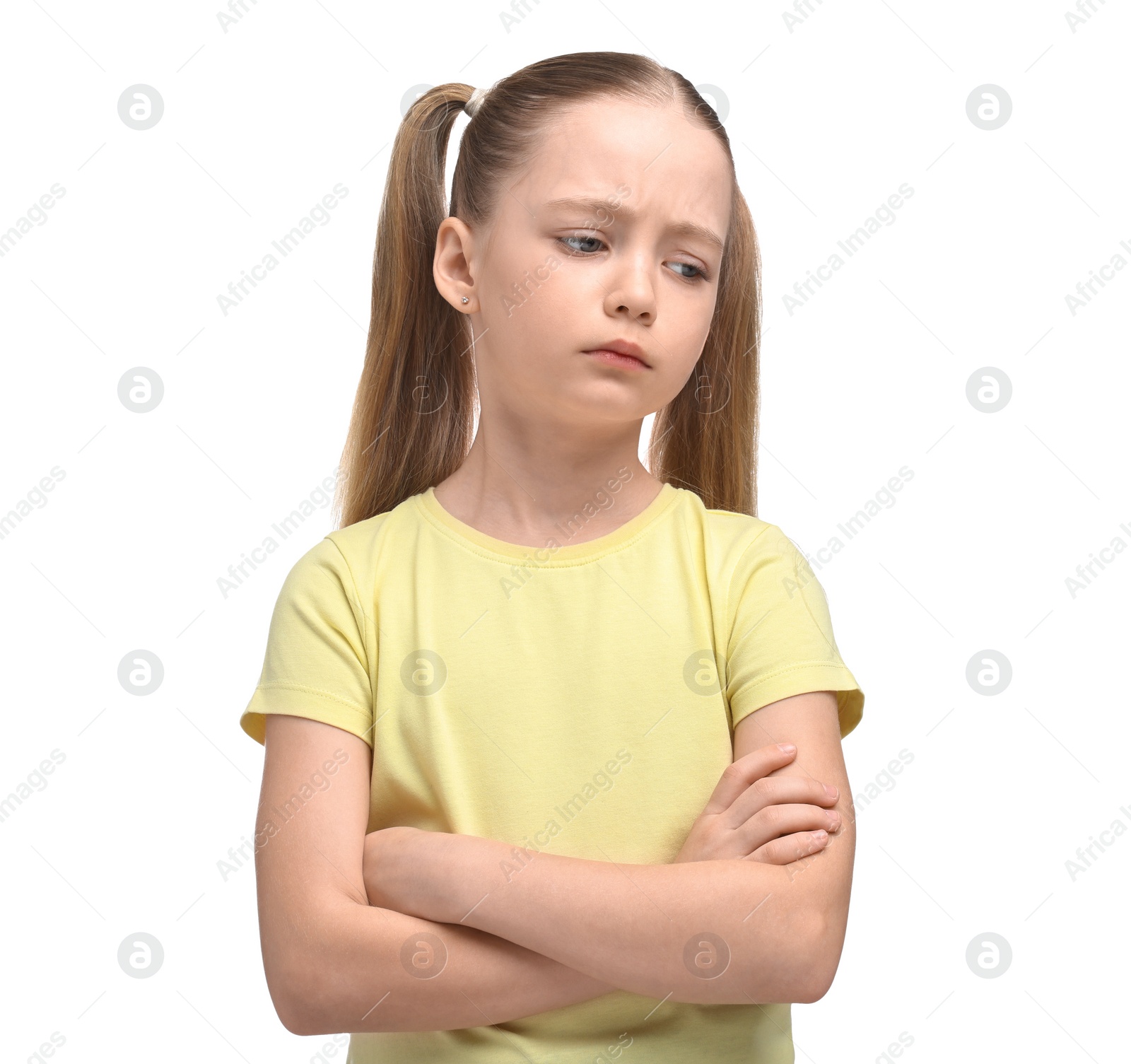 Photo of Portrait of sad girl on white background