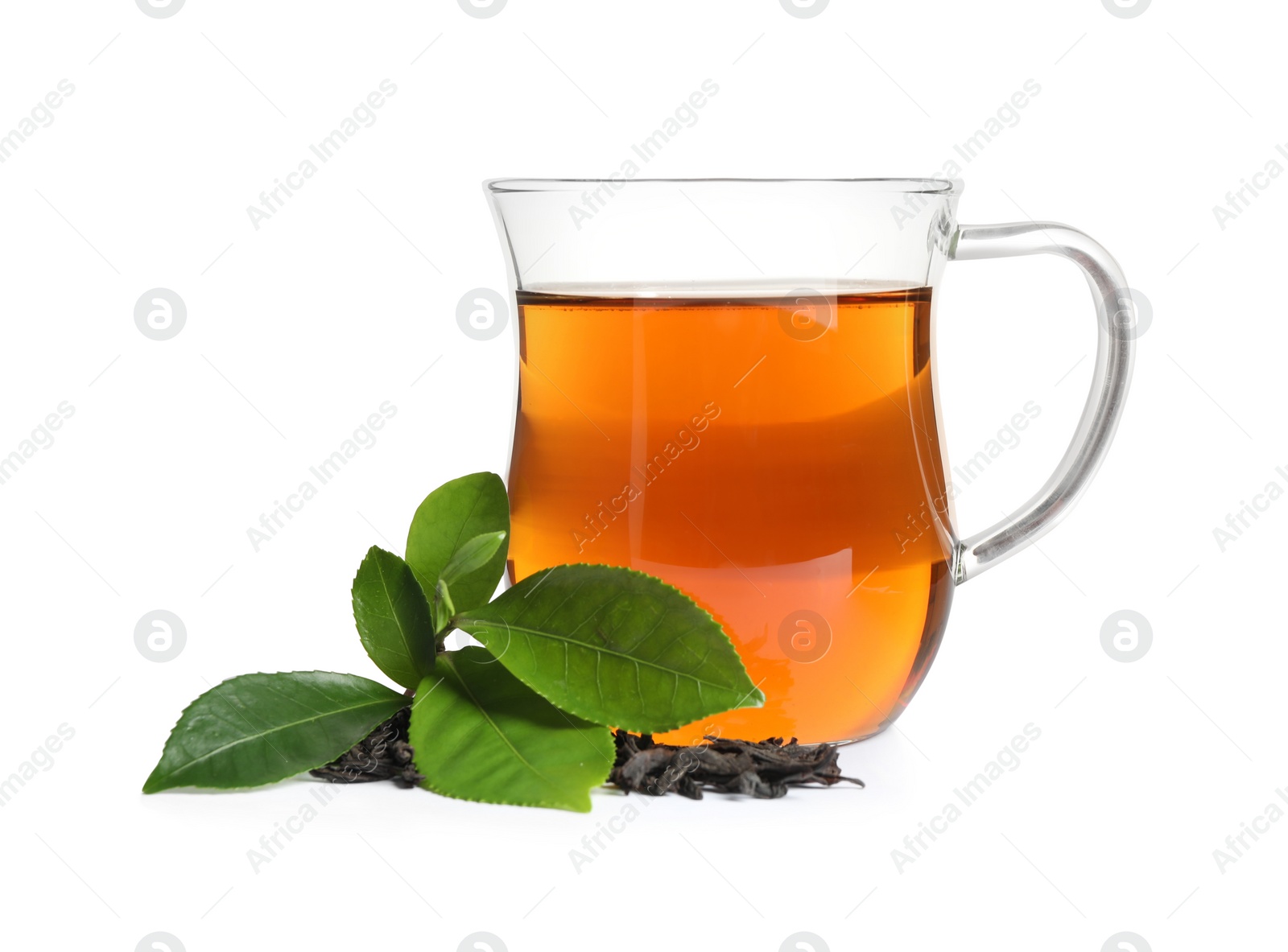 Photo of Tasty black tea with fresh and dry leaves on white background