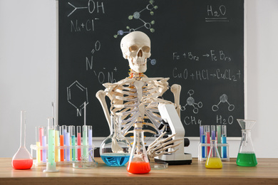 Photo of Skeleton and different chemistry glassware in classroom