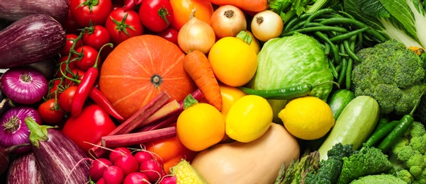 Many fresh different vegetables as background, top view. Banner design 