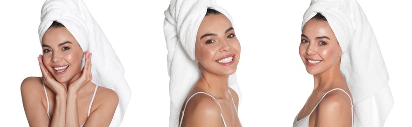 Image of Collage with photos of beautiful young woman with towels on white background. Banner design