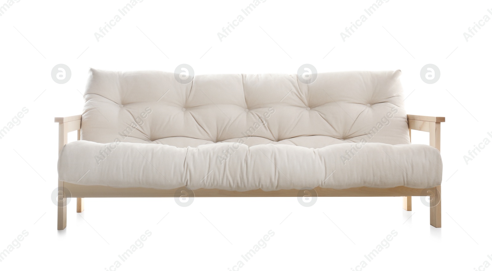 Photo of Stylish comfortable light sofa isolated on white. Furniture for living room interior