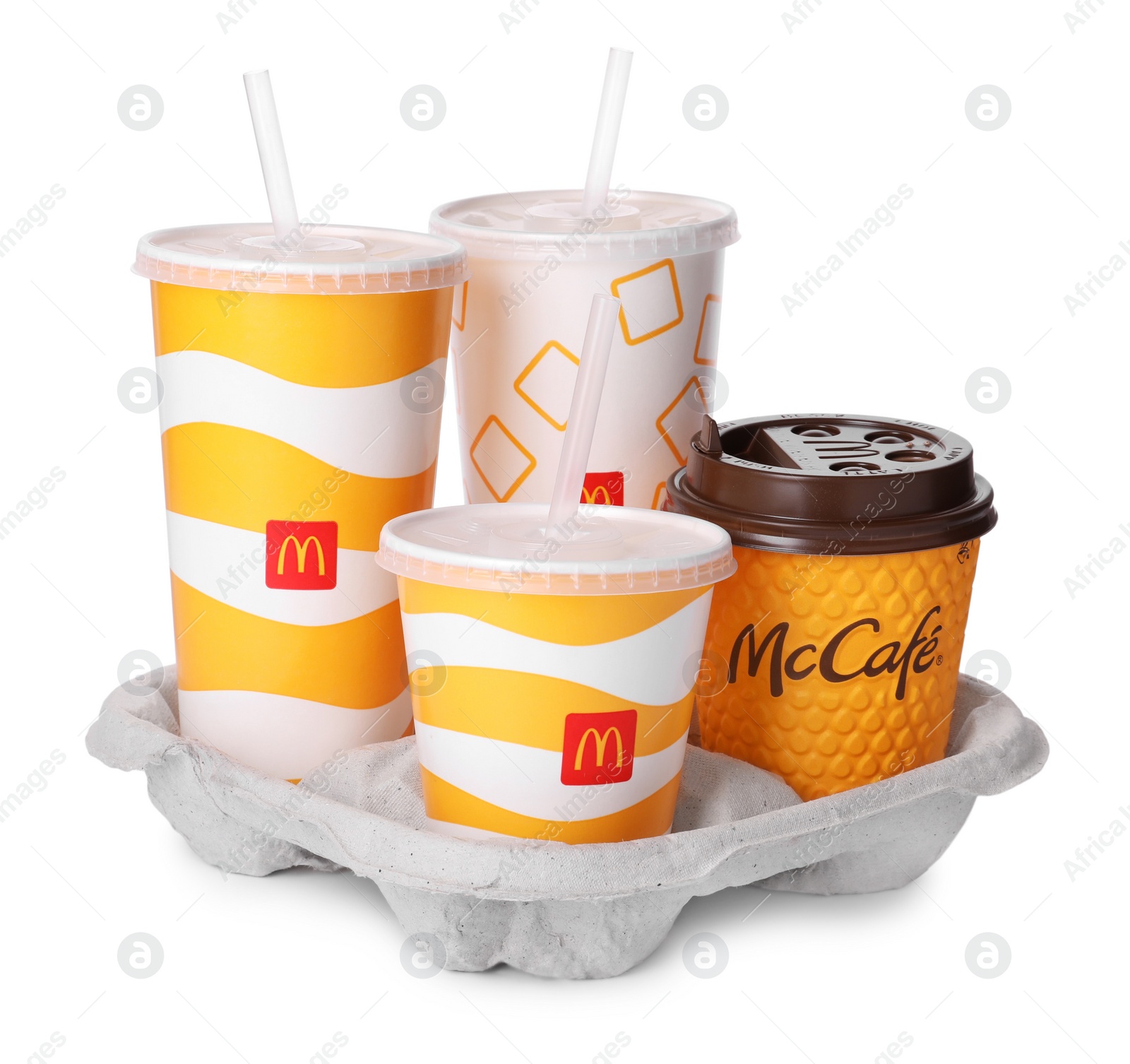 Photo of MYKOLAIV, UKRAINE - AUGUST 11, 2021: Cold and hot McDonald's drinks in holder isolated on white