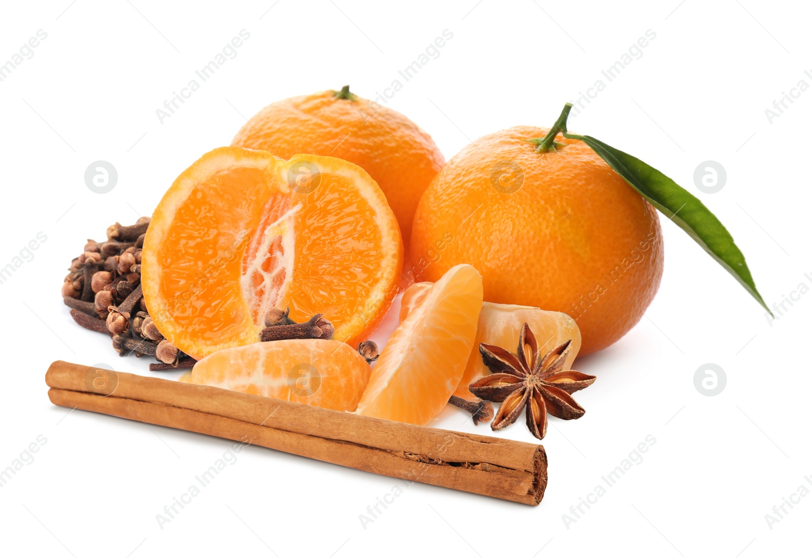 Image of Fresh ripe tangerines, cloves, anise and cinnamon on white background