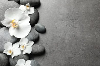 Flat lay composition with spa stones and orchid flowers on grey background. Space for text