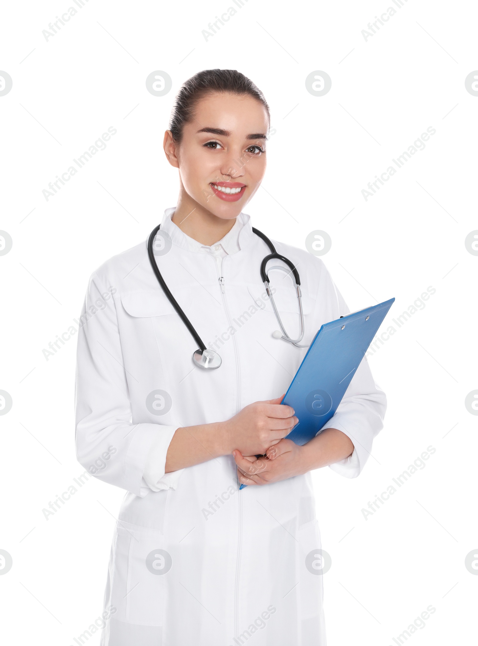 Photo of Portrait of medical doctor with clipboard and stethoscope isolated on white