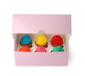 Box with different cupcakes on white background