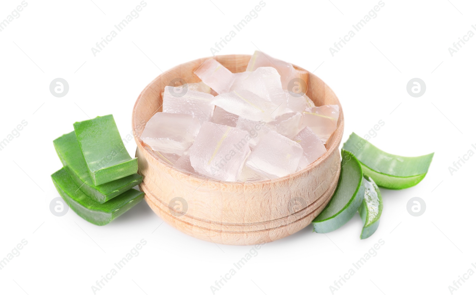 Photo of Peeled aloe vera in bowl and pieces of green plant isolated on white