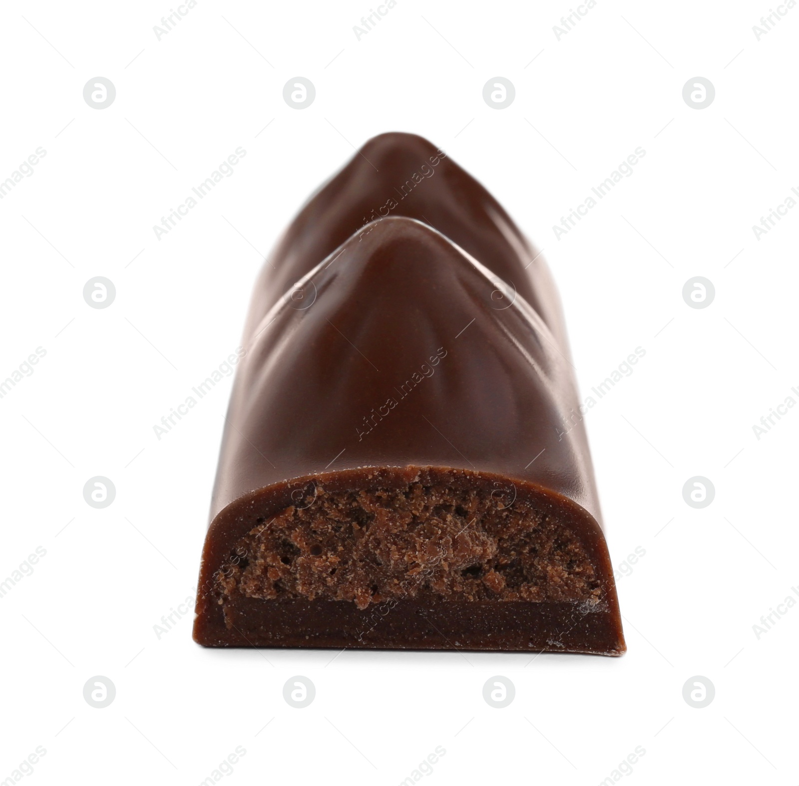 Photo of Piece of tasty chocolate bar on white background