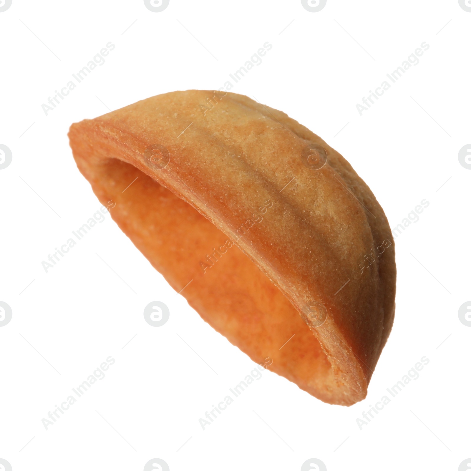 Photo of Half of delicious nut shaped cookie isolated on white