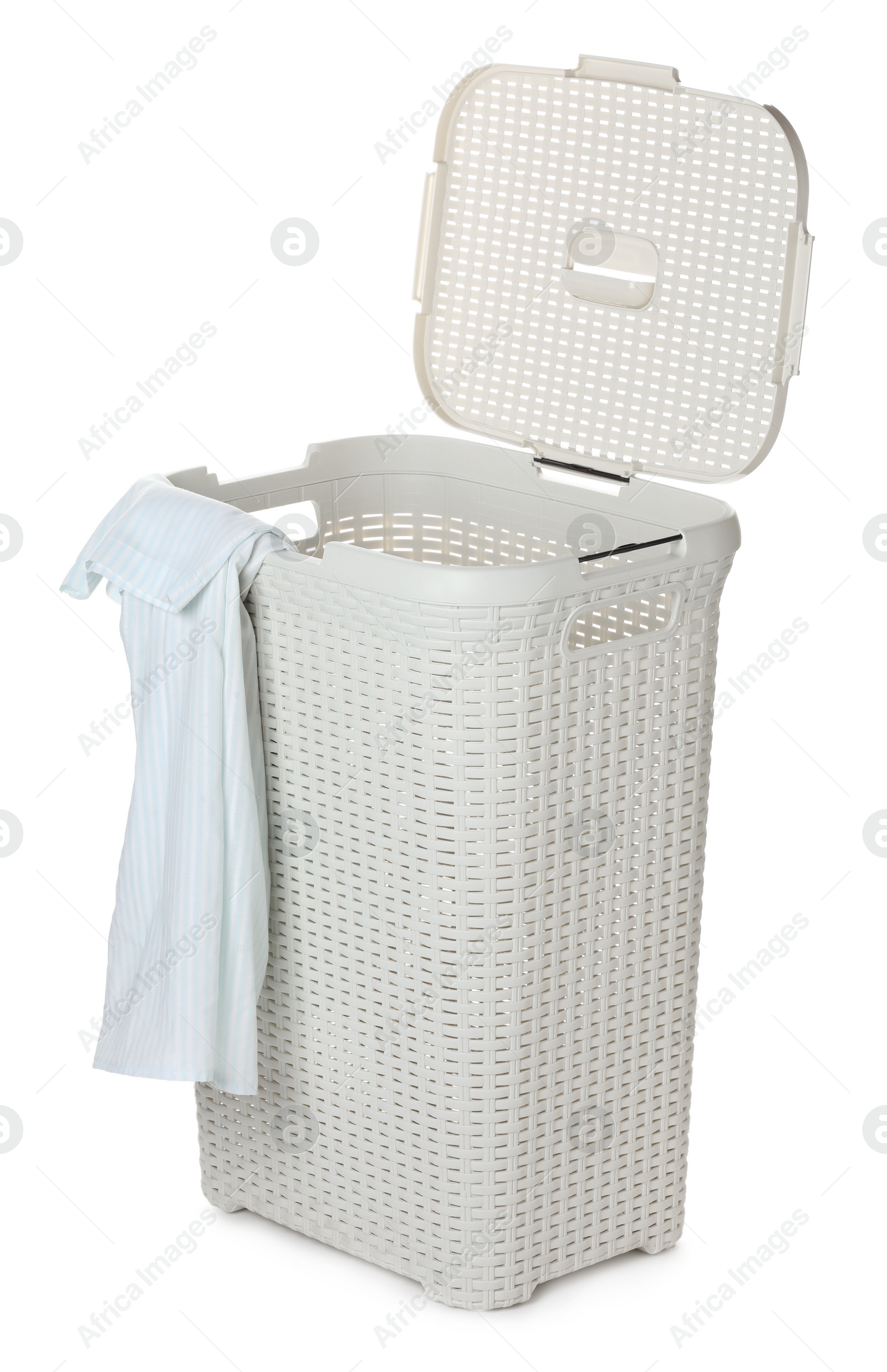 Photo of Plastic laundry basket with garment isolated on white