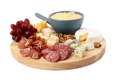 Photo of Fondue with tasty melted cheese and different snacks isolated on white