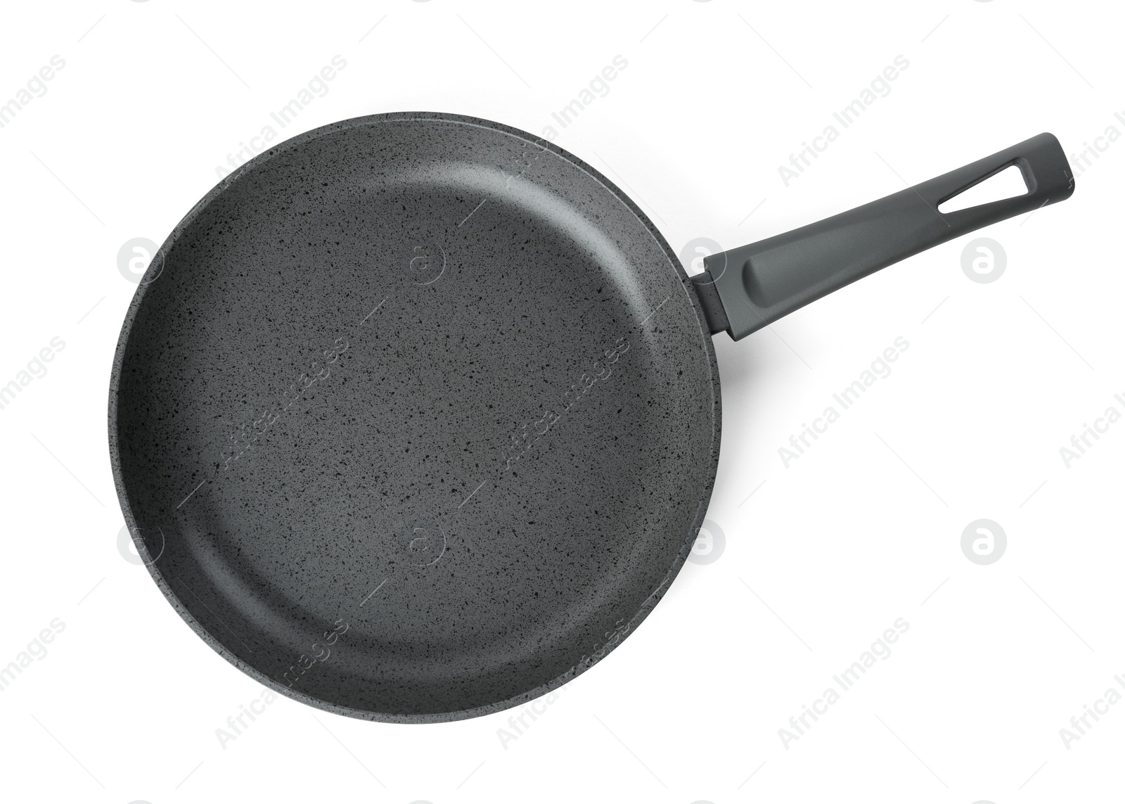 Photo of New frying pan isolated on white, top view. Cooking utensils