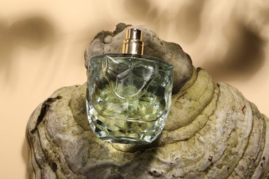 Luxury perfume in bottle and decorative element on beige background, above view