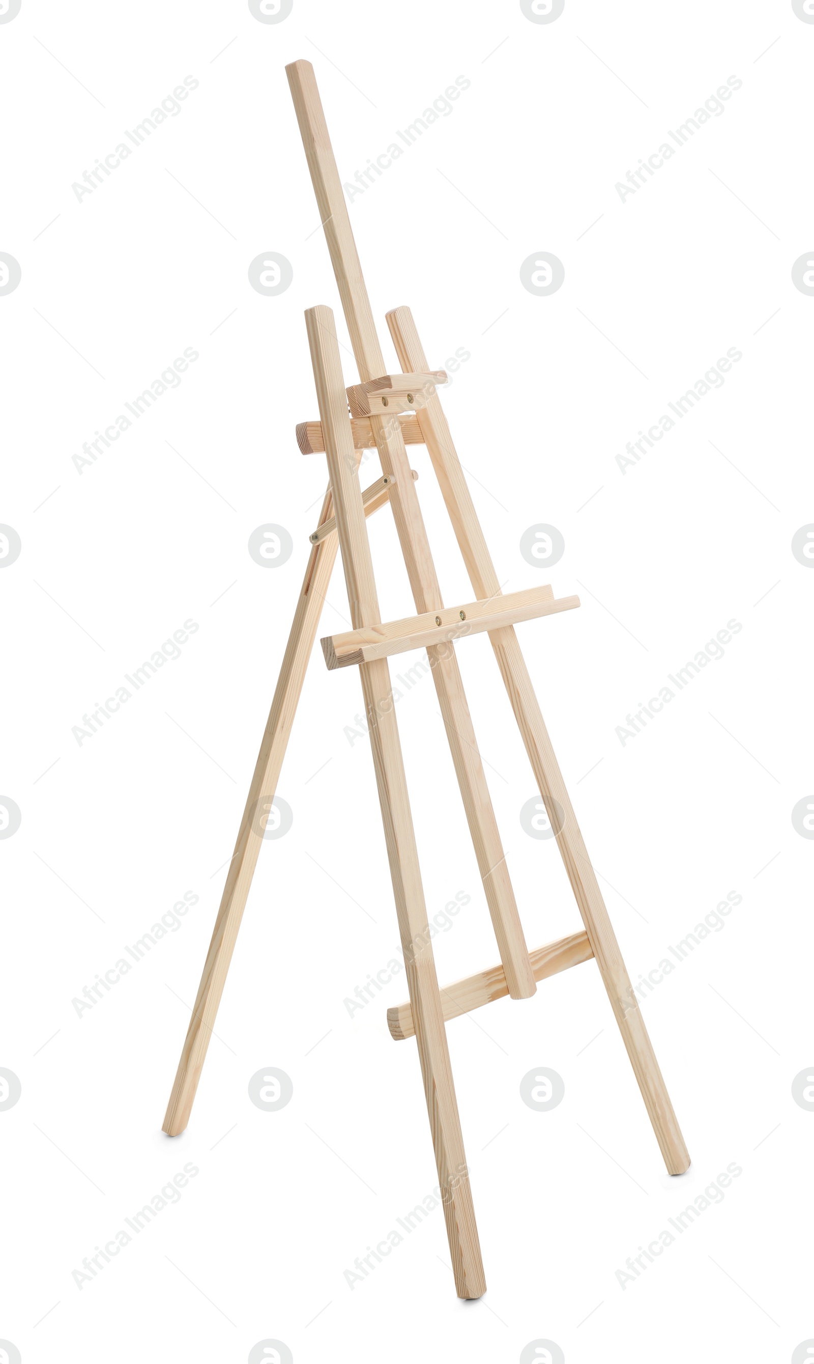 Photo of Empty wooden easel isolated on white. Equipment for art