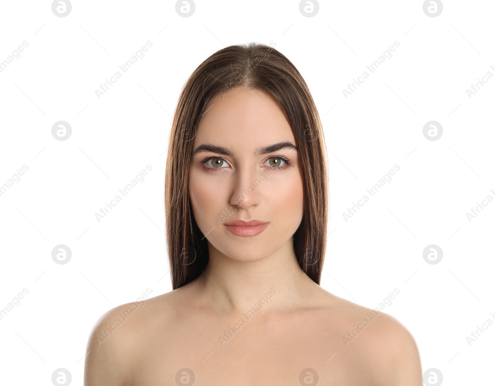 Photo of Portrait of young woman with beautiful face on white background