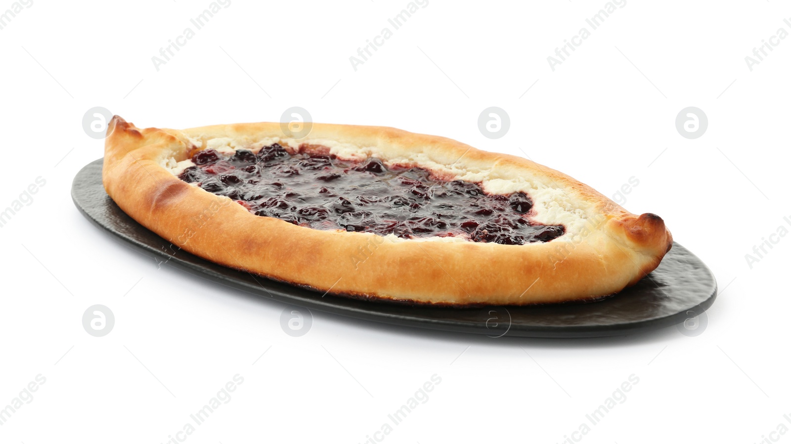 Photo of Delicious sweet cottage cheese pastry with cherry jam isolated on white