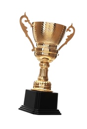 Photo of Shiny gold cup on white background. Winner's trophy