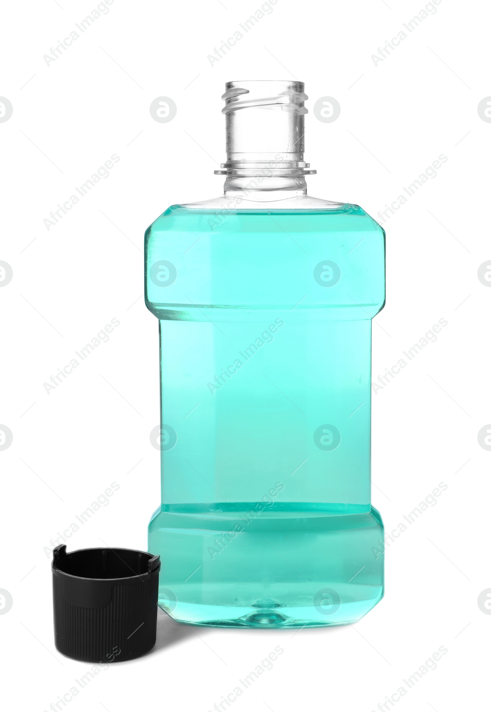 Photo of Bottle with mouthwash for teeth care on white background