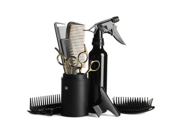 Set of professional hairdresser tools isolated on white