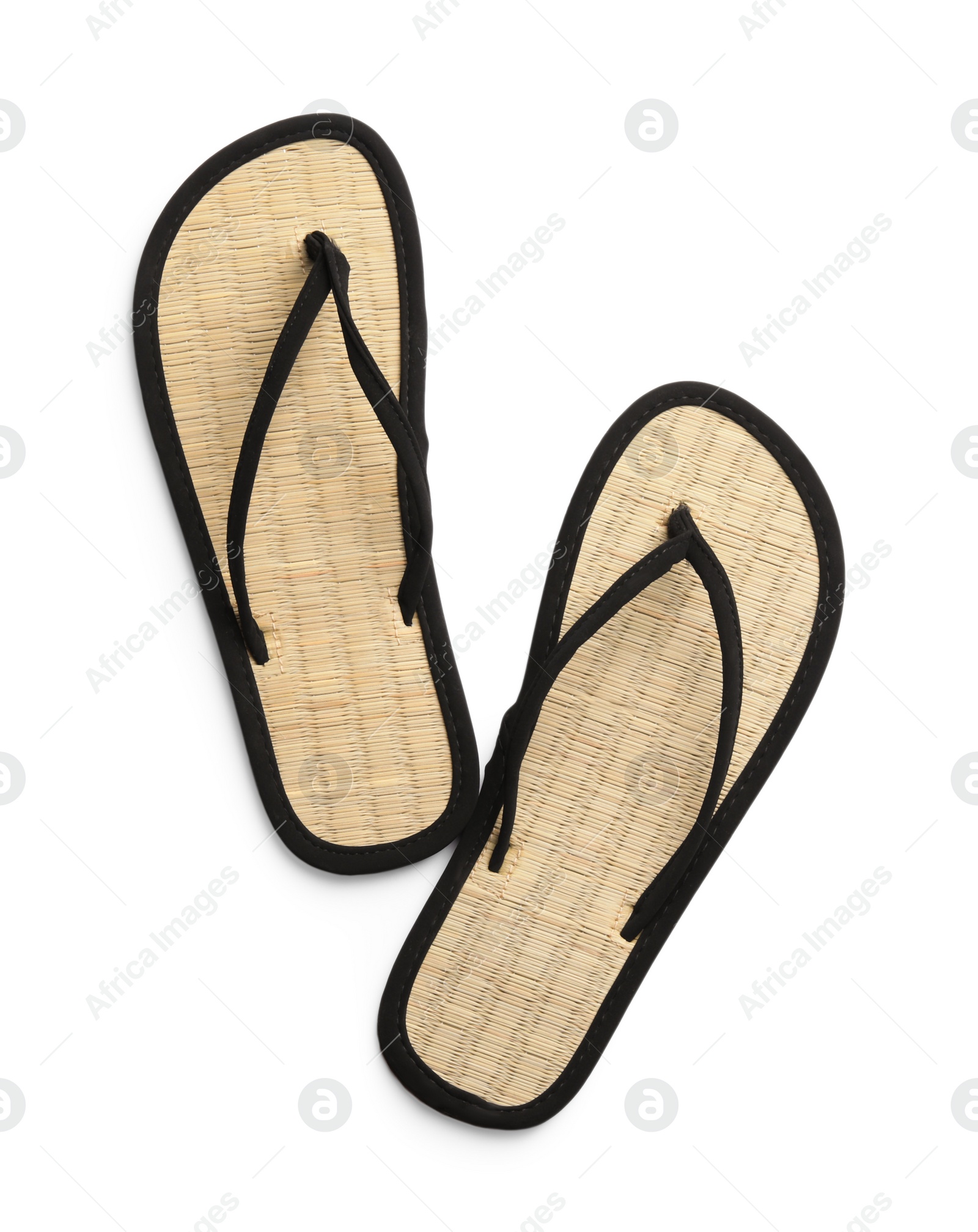 Photo of Pair of stylish flip flops on white background, top view