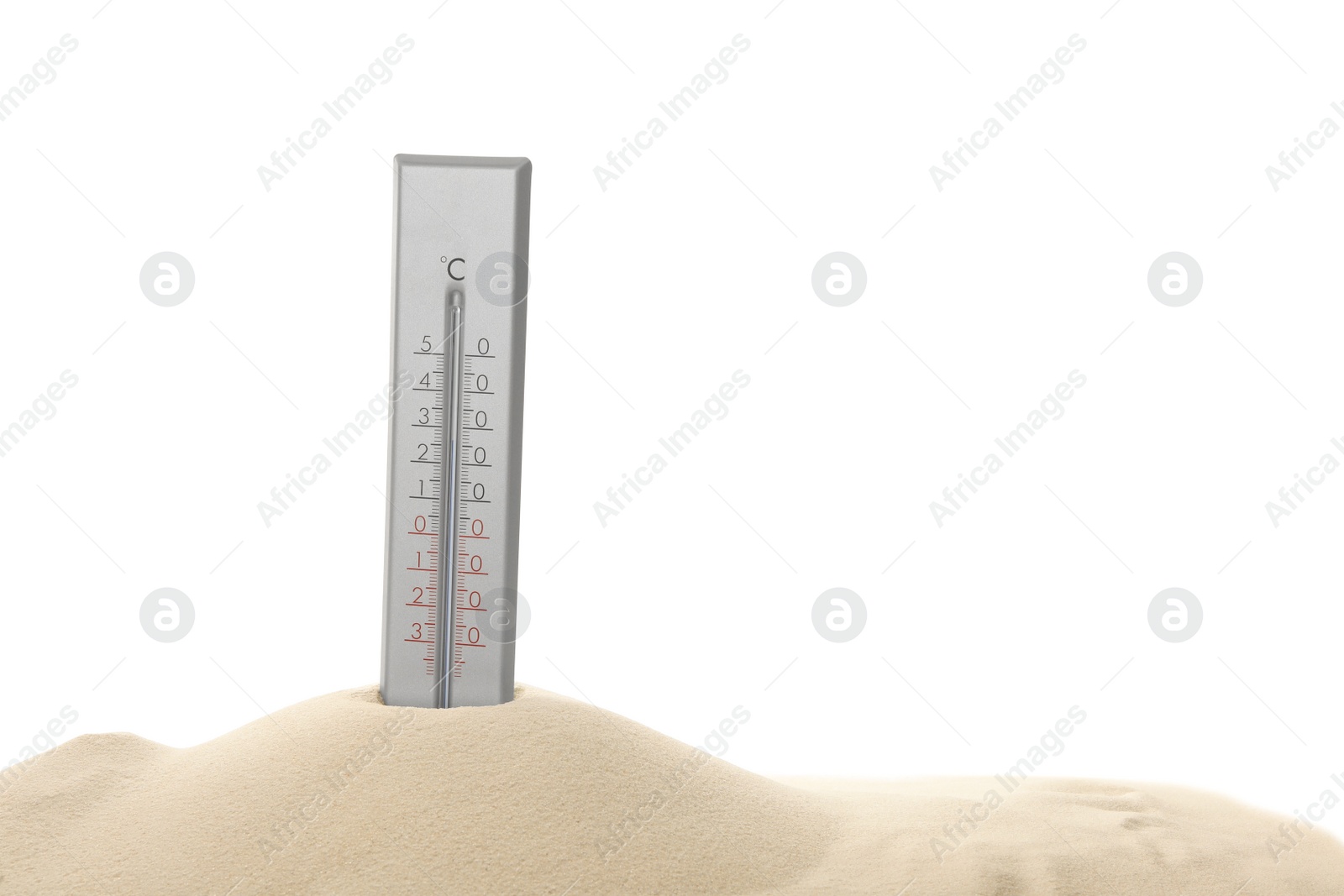 Photo of Weather thermometer in sand against white background