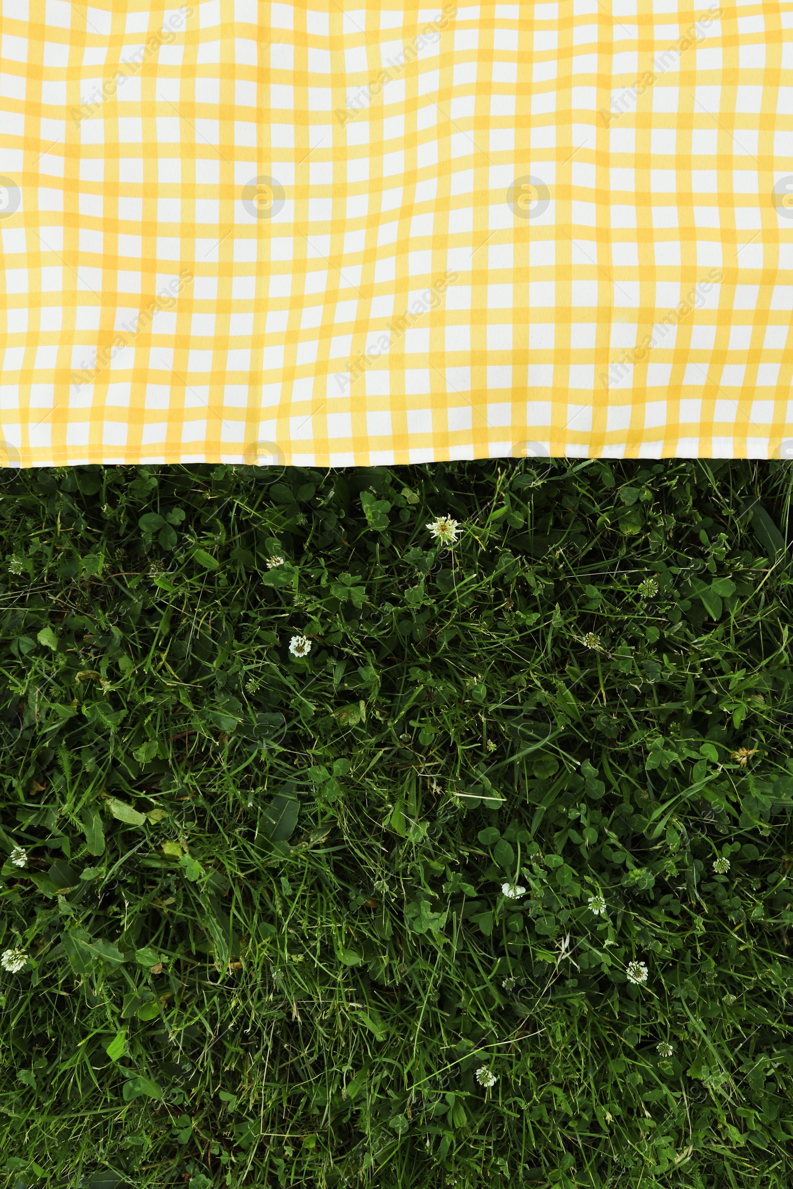 Photo of Checkered picnic tablecloth on fresh green grass, top view. Space for text