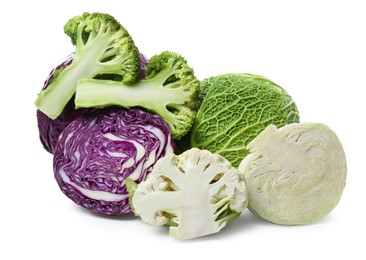 Photo of Different types of cabbage on white background
