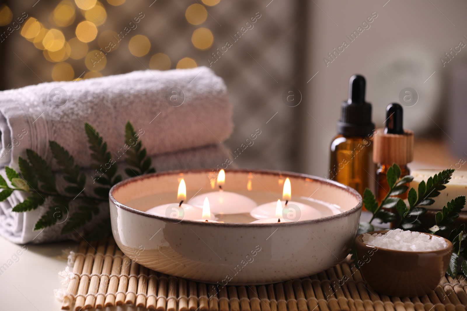 Photo of Beautiful composition with different spa products on table, closeup