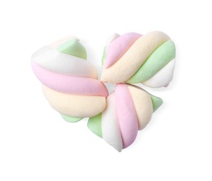 Photo of Delicious colorful marshmallows on white background, top view