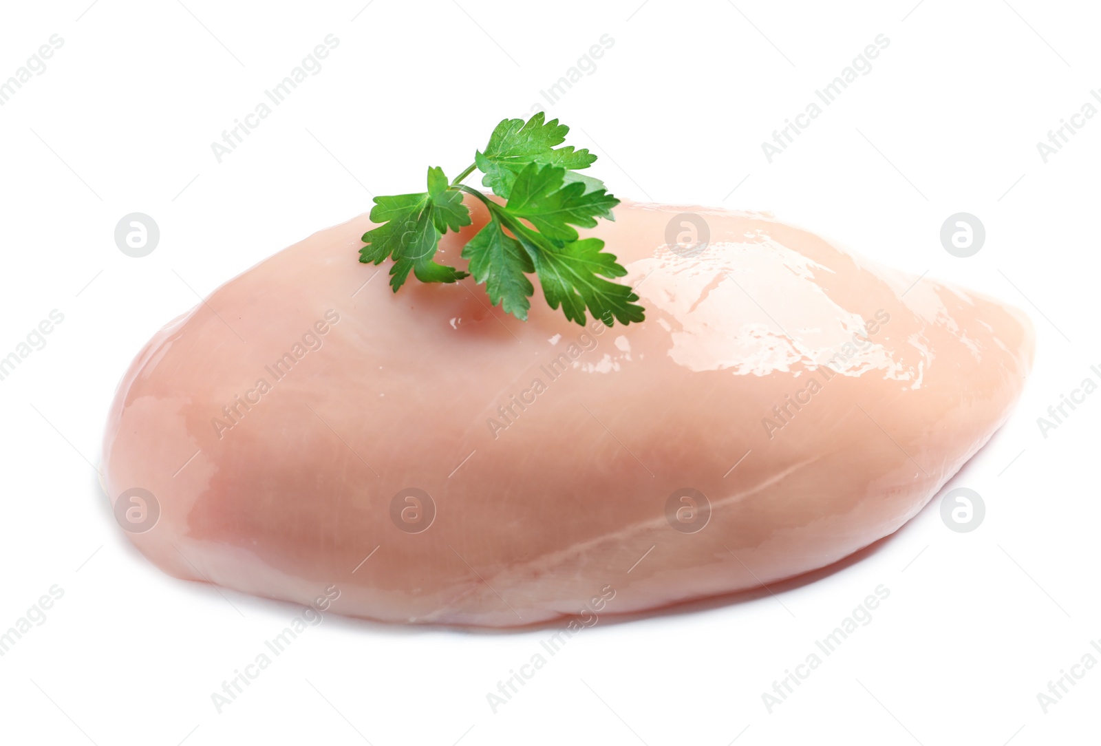 Photo of Raw chicken breast with parsley on white background