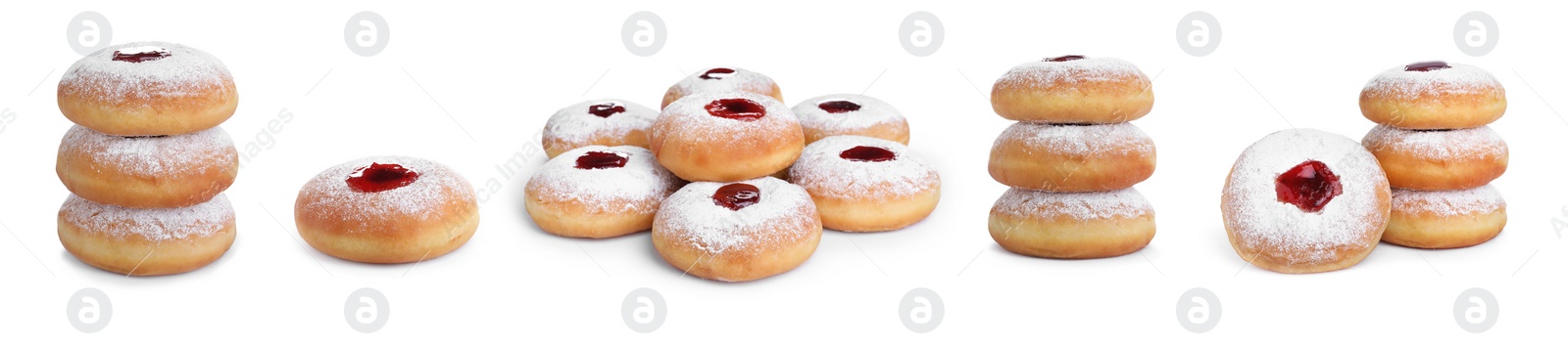 Image of Hanukkah doughnuts with jelly and sugar powder on white background, collage. Banner design