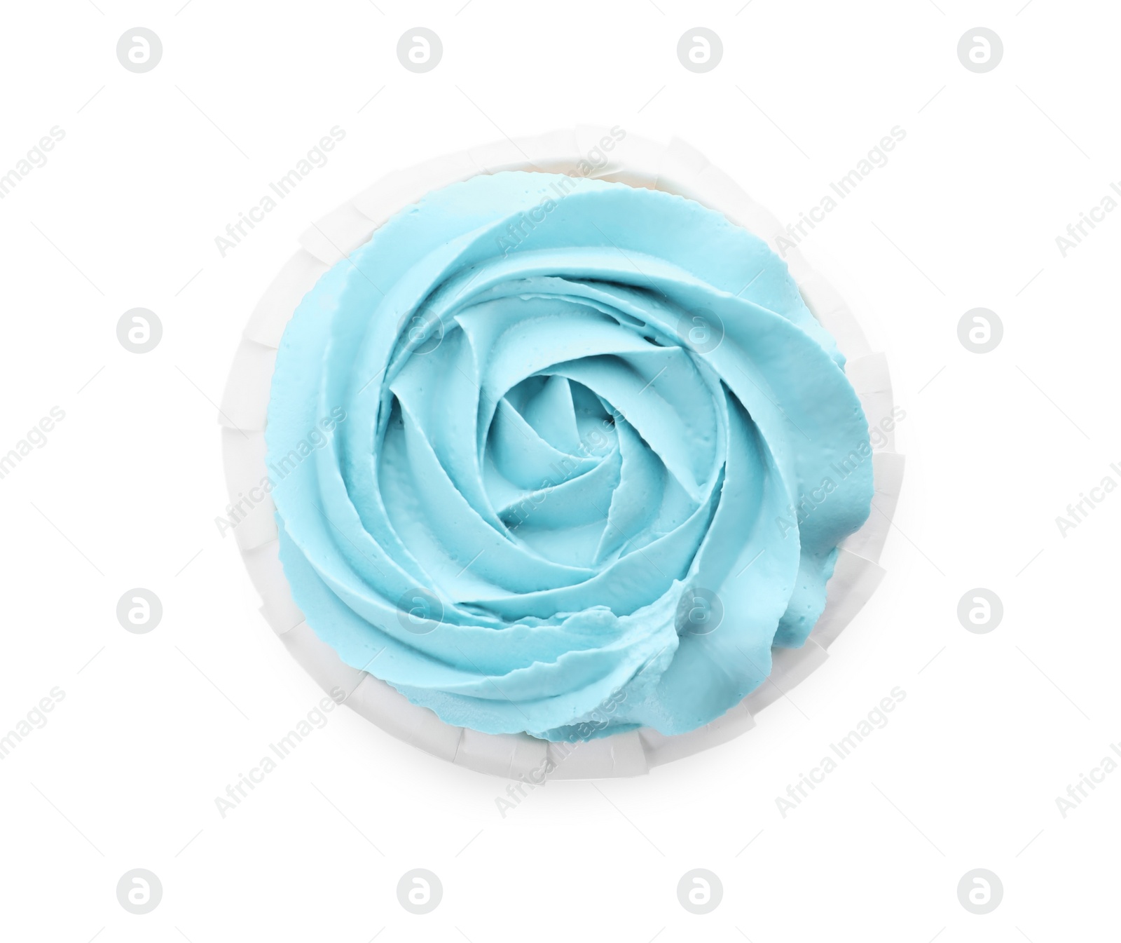 Photo of Baby shower cupcake with light blue cream isolated on white, top view