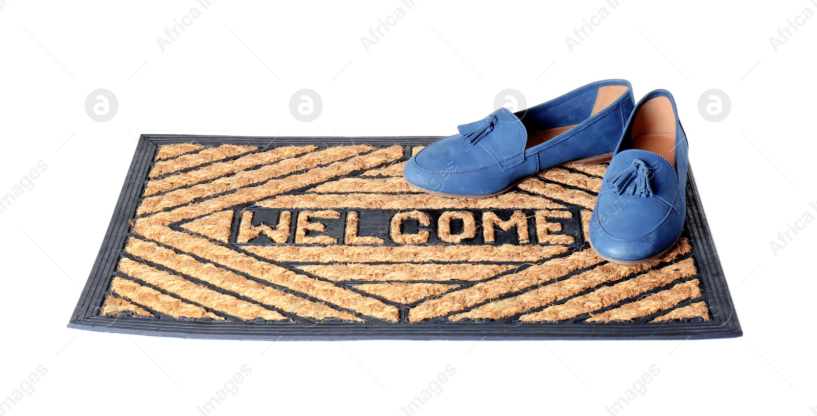 Photo of Blue female shoes on brown welcome doormat against white background