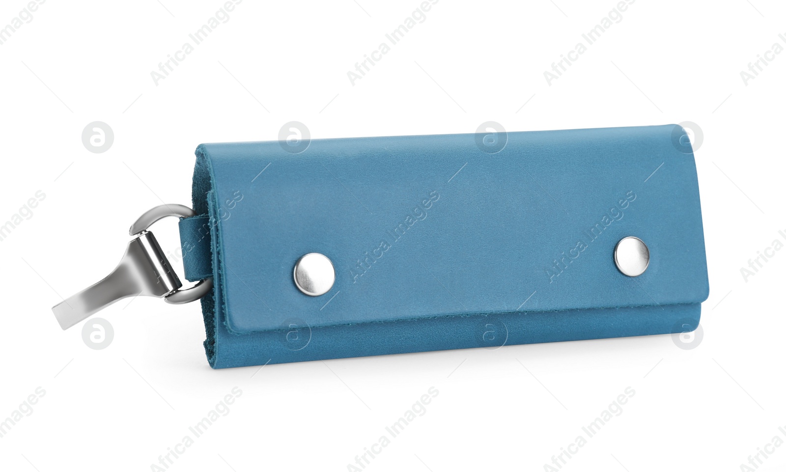 Photo of Stylish leather keys holder isolated on white