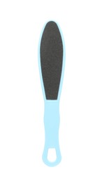 Photo of Light blue foot file on white background, top view. Pedicure tool