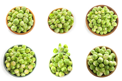 Set of fresh Brussels sprouts in bowls on white background, top view