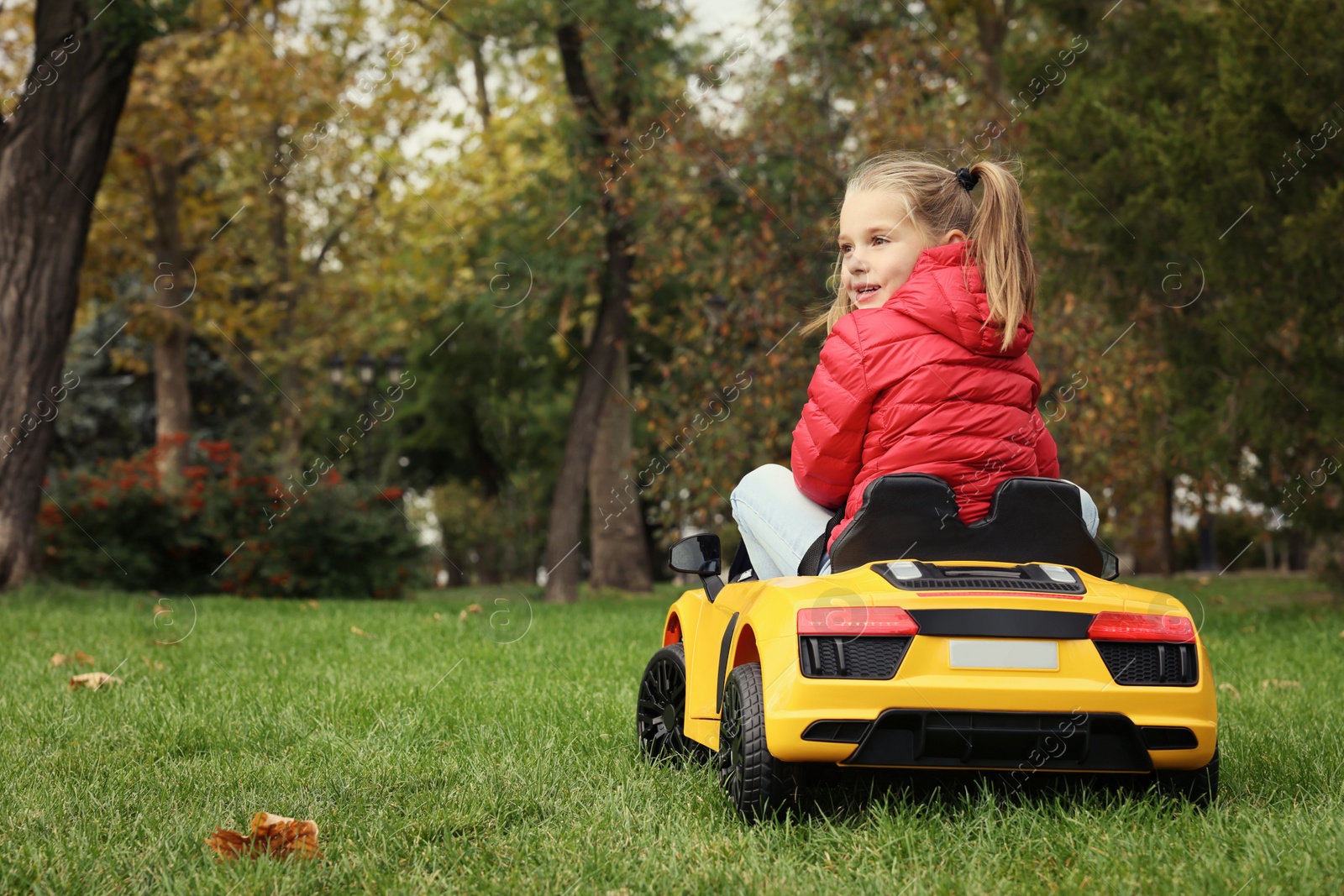 Photo of Cute little girl driving children's car in park, back view. Space for text