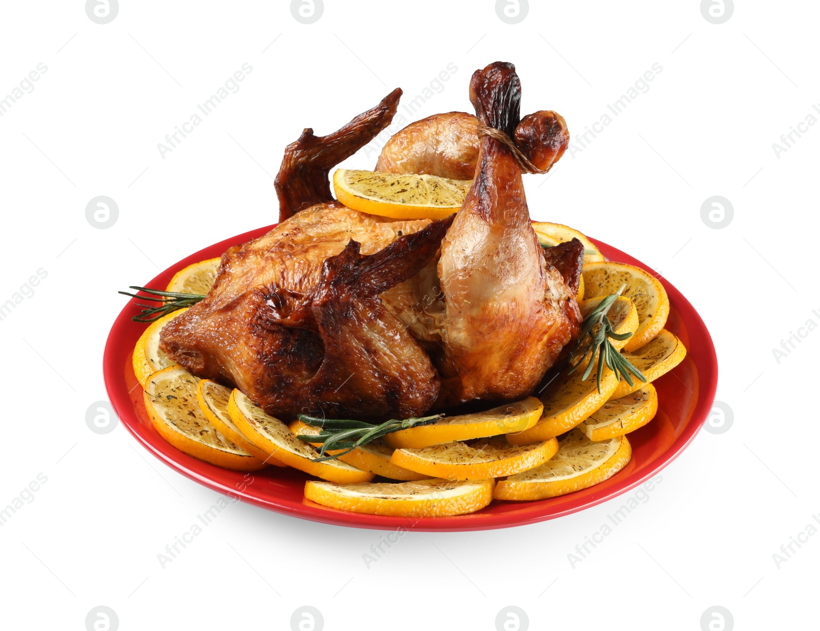 Photo of Chicken with orange slices isolated on white