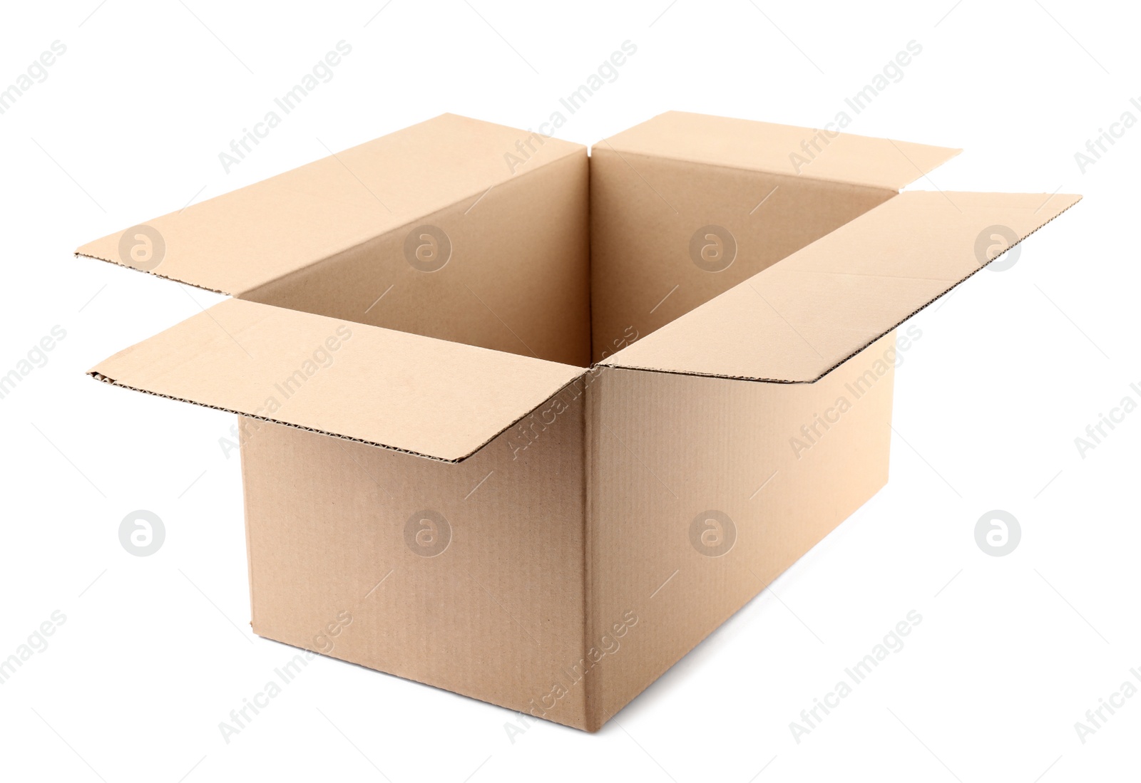 Photo of Open cardboard box on white background. Mockup for design