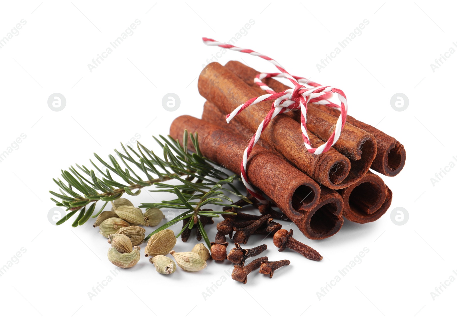 Photo of Different spices and fir branches on white background