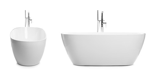 Image of Stylish ceramic bathtubs on white background, collage. Banner design