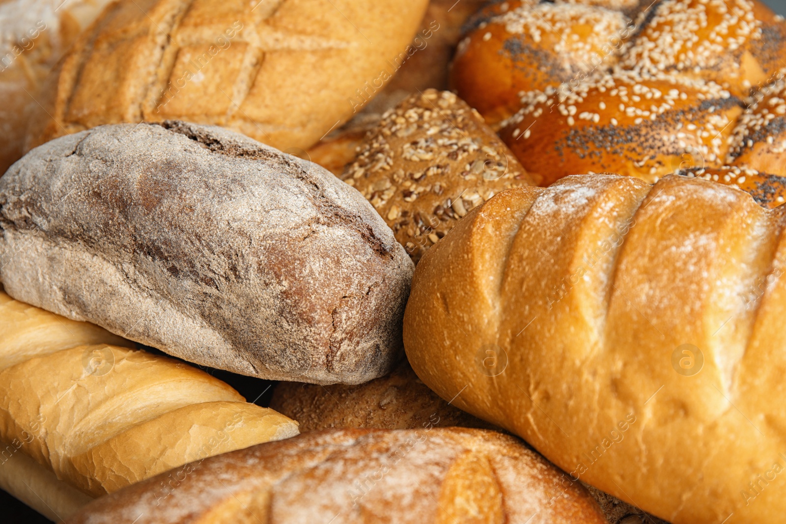 Photo of Loaves of different breads as background, closeup