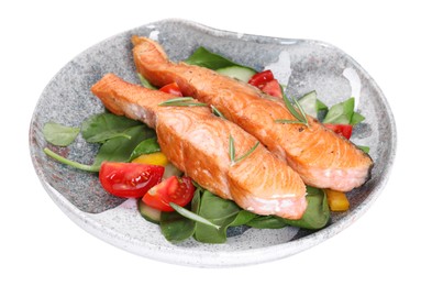 Healthy meal. Tasty grilled salmon with vegetables and spinach isolated on white